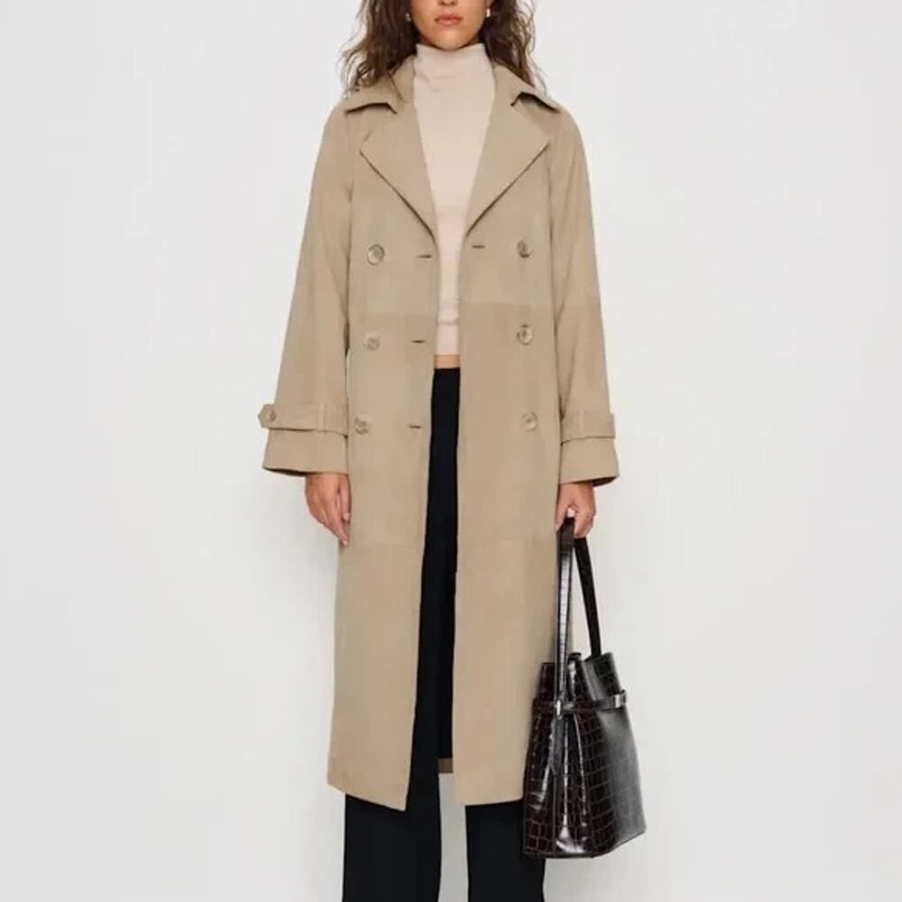 Reformation Veda Leather Jacket Small Tan Suede Trench Coat Belted Double Breast